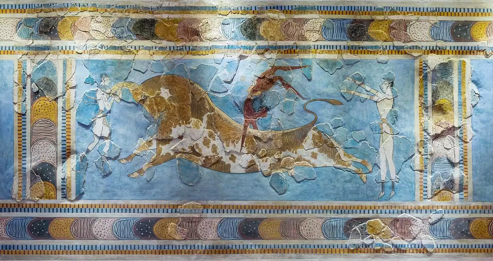 The Bull-Leaping Fresco From The Palace Of Knossos Depicts Acrobats Jumping Over A Bull