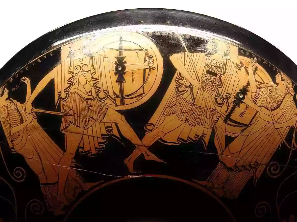 Menelaus, King Of Sparta, Depicted Pursuing Paris Under The Gaze Of Aphrodite And Artemis On An Attic Red-Figure Vase.