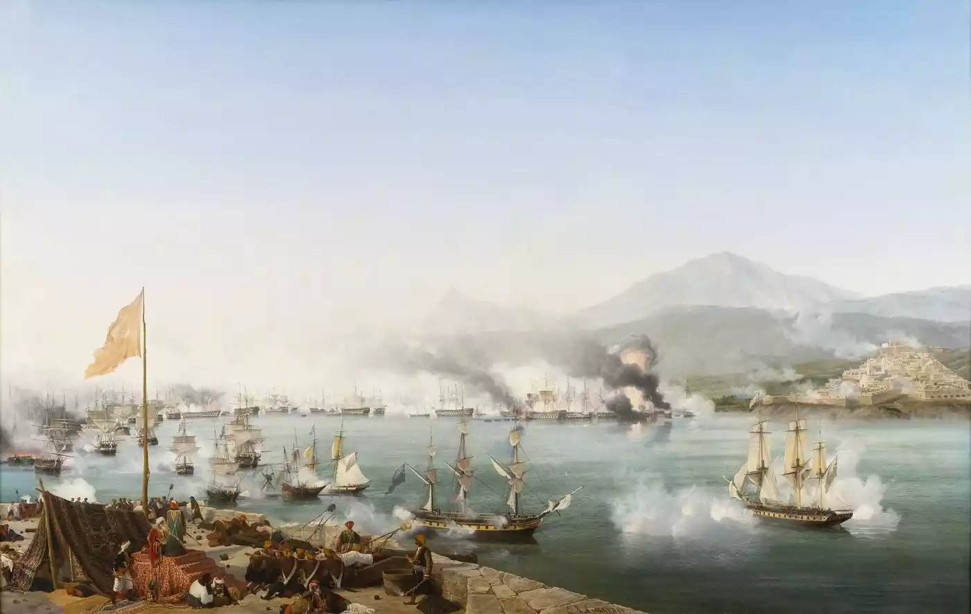 The Artistic Depiction Of The Battle Of Navarino By Louis Ambroise Garneray Presents The Decisive Clash Of The Allied Forces.