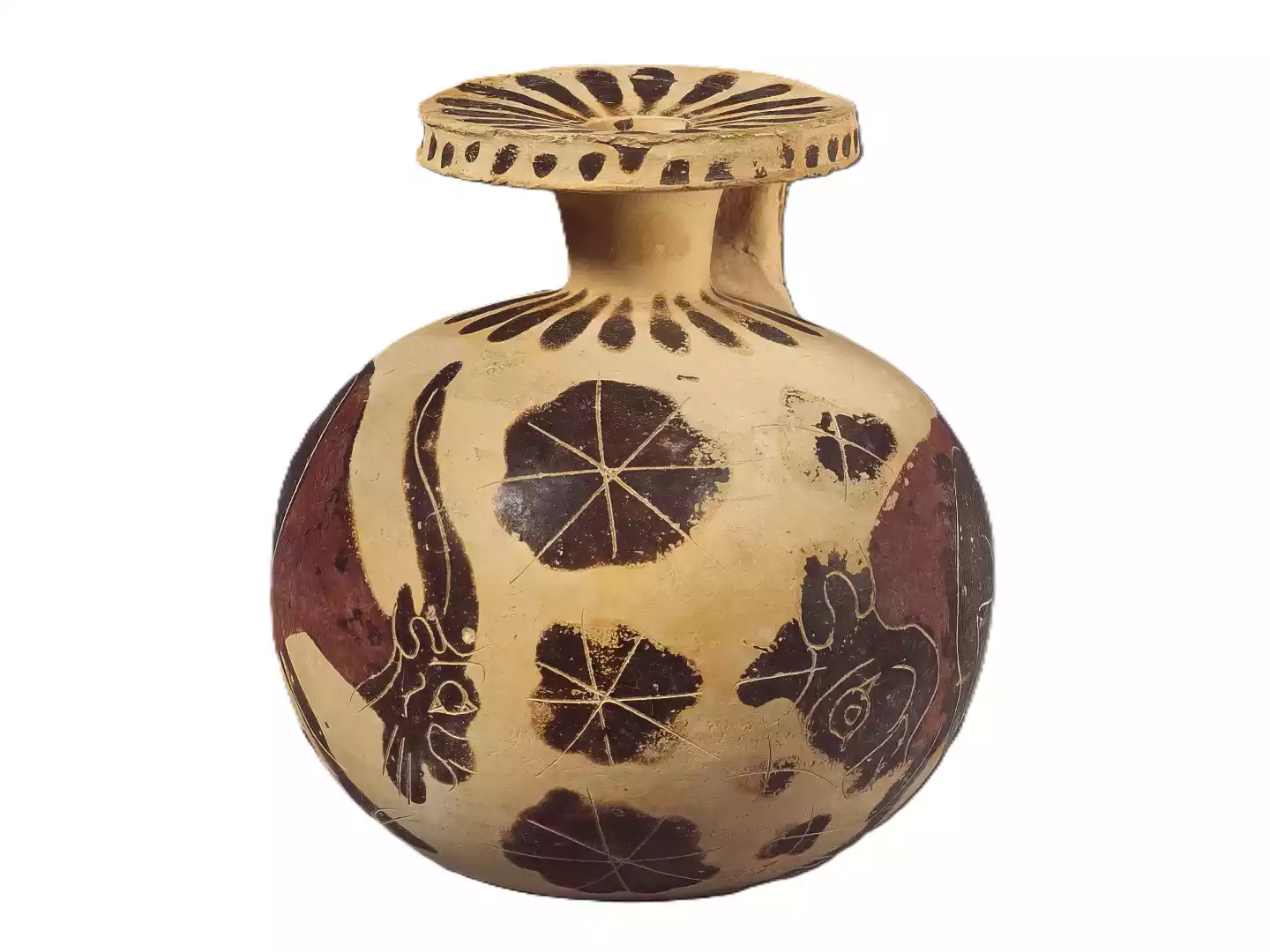 Corinthian Oil Container (Aryballos) Made Of Terracotta With A Depiction Of A Bull And Goat In Black-Figure Technique.