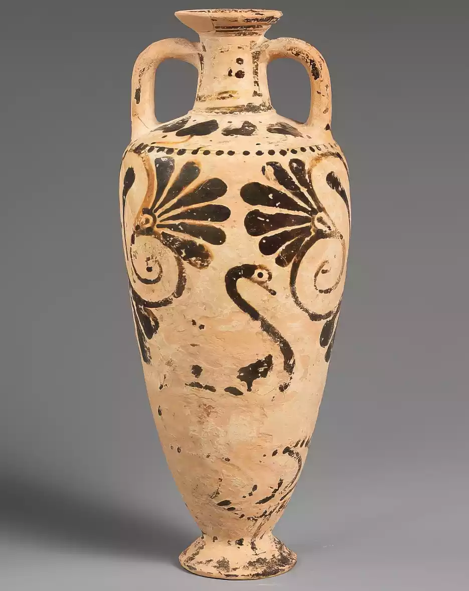 Récipient À Huile Grec Oriental (Amphoriskos) D'Origine Milésienne Avec Décoration D'Oiseaux Aquatiques Sur Fond Pâle.