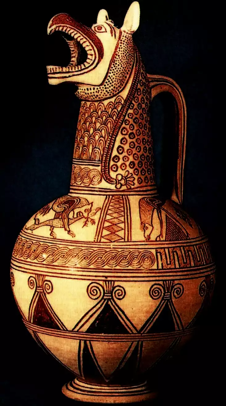 Oil Containers 675 Bc In The Shape Of A Griffin Eagle With Cycladic Style Painting Depicting A Lion With Its Prey. Symbols Of Power And Kingship.