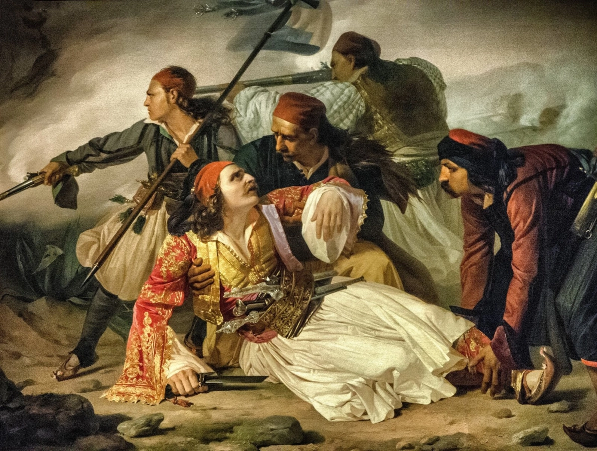 Πίνακας-απεικονίζει-τον-Μπότσαρη-να-πέφτει-νεκρός στη-Μάχη-του-Καρπενησίου.