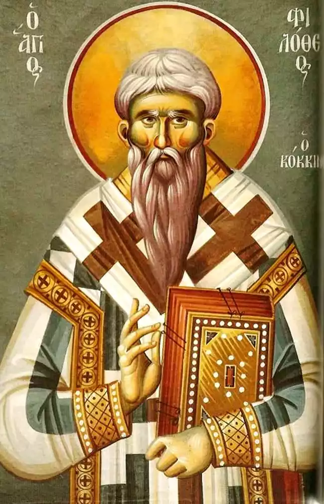Άγιος-Φιλόθεος-Κόκκινος. βυζαντινή εικόνα του Άγιου με έντονα χρώματα