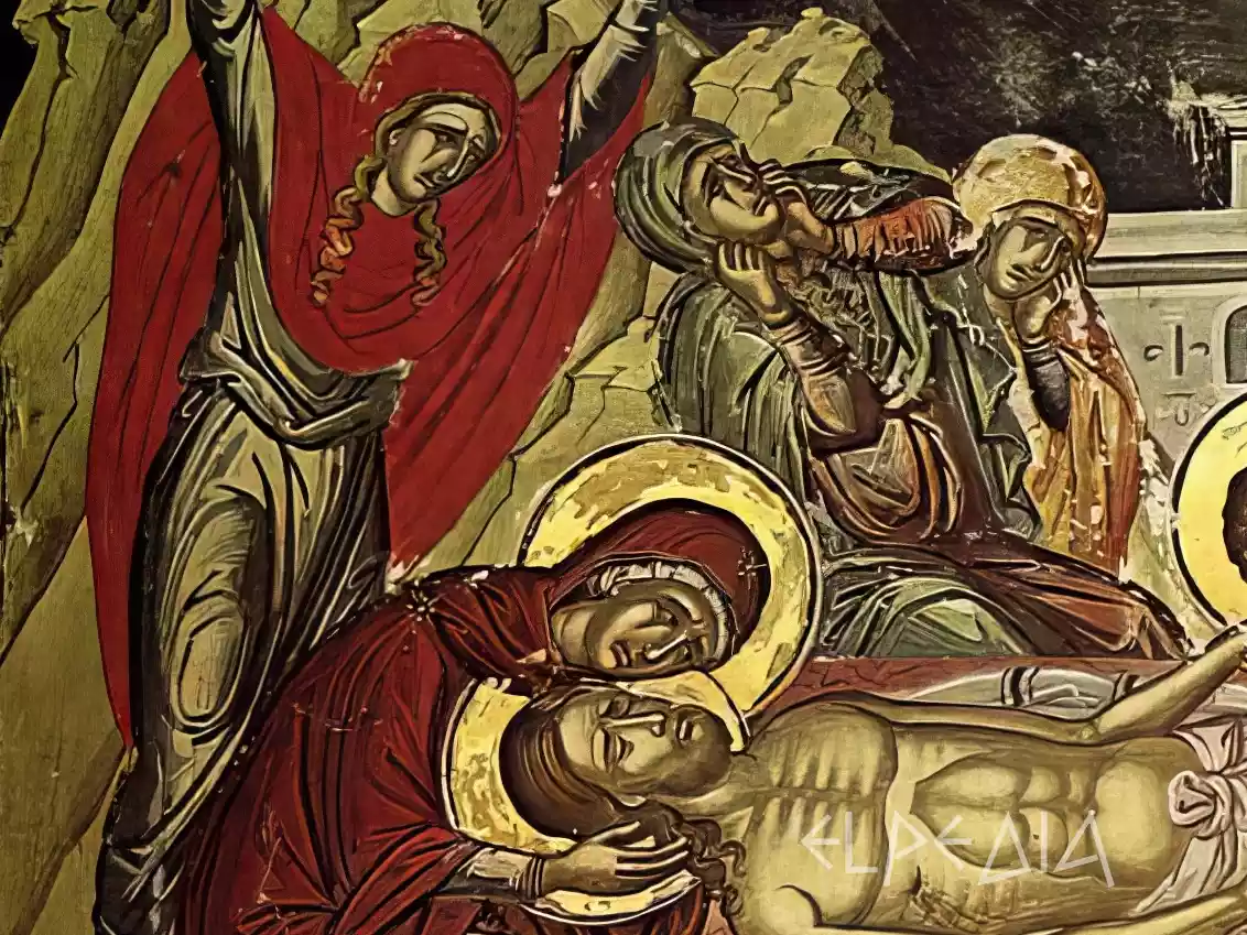 A detail from a 16th-century Byzantine icon showing the Virgin Mary bending over Christ's lifeless body, surrounded by haloed figures against a gold-striated rocky background, demonstrating profound emotional depth.