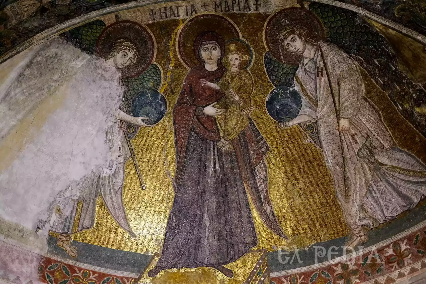 Central detail of the Angeloktisti Holy Mary Mosaic depicting maternal tenderness in Byzantine sacred art