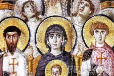 Byzantine icon detail showing pair of angels above Virgin and Child with Saints at Sinai artwork