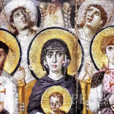 Byzantine icon detail showing pair of angels above Virgin and Child with Saints at Sinai artwork