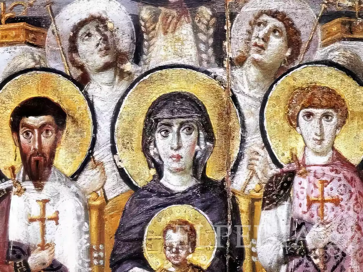 Byzantine icon detail showing pair of angels above Virgin and Child with Saints at Sinai artwork