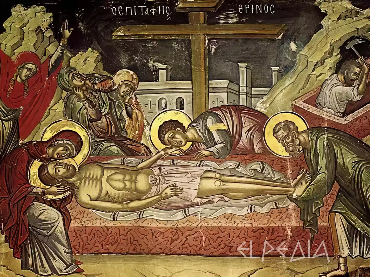 Burial icon by Theophanes showing Christ's entombment with mourners against golden background