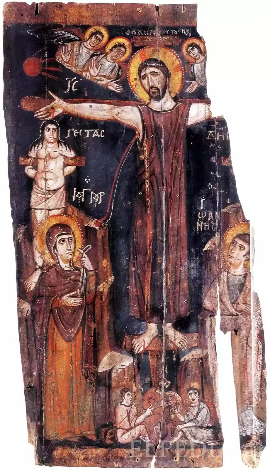 Crucifixion at Sinai Monastery showing Christ's face and crown of thorns from 8th century icon