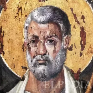 Saint Peter encaustic icon showing full composition with architectural background and sacred medallions