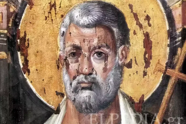 Saint Peter encaustic icon showing full composition with architectural background and sacred medallions