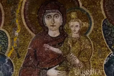 panagia angeloktisti mosaic showing detailed byzantine craftsmanship in gold and vibrant colors