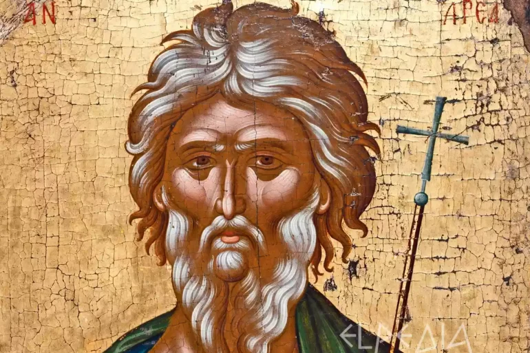 Saint Andrew at Constantinople portrayed in traditional Byzantine style with striking spiritual presence