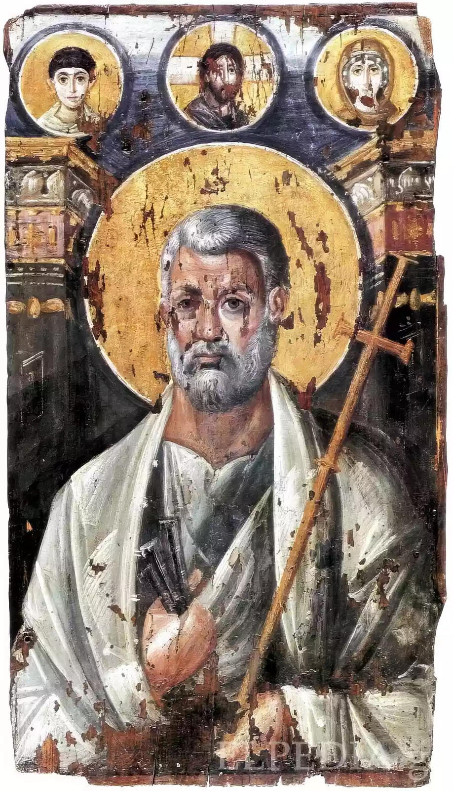 Saint Peter encaustic icon featuring three medallions of Christ, Mary, and John above main figure