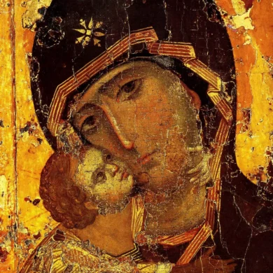 12Th-Century Virgin Of Vladimir Icon Showing Tender Embrace Between Virgin Mary And Christ Child Against Gold Background