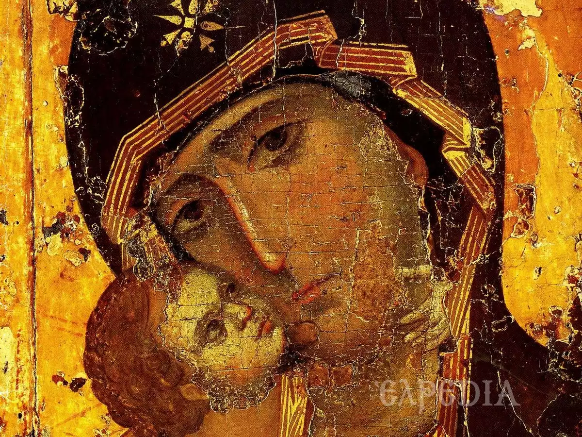 Virgin of Vladimir icon displayed in special case at Church of St Nicholas in Tolmachi