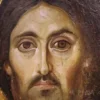 Gros Plan Du Visage Du Christ De L'Icône Du Pantocrator Du Sinaï, Montrant Une Remarquable Technique Encaustique