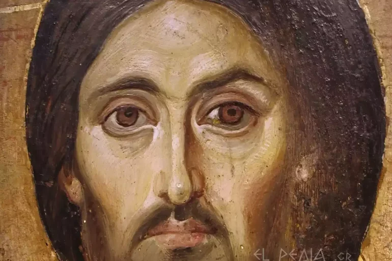 Gros Plan Du Visage Du Christ De L'Icône Du Pantocrator Du Sinaï, Montrant Une Remarquable Technique Encaustique