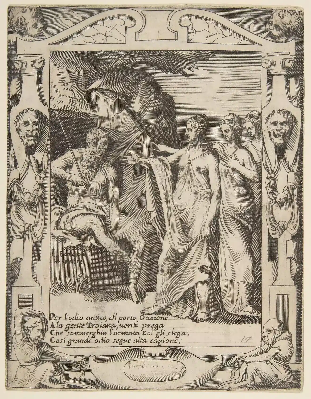 Representación Artística Del Encuentro De Juno Con Eolo, El Guardián De Los Vientos, En Un Excelente Grabado Del Siglo Xvi.