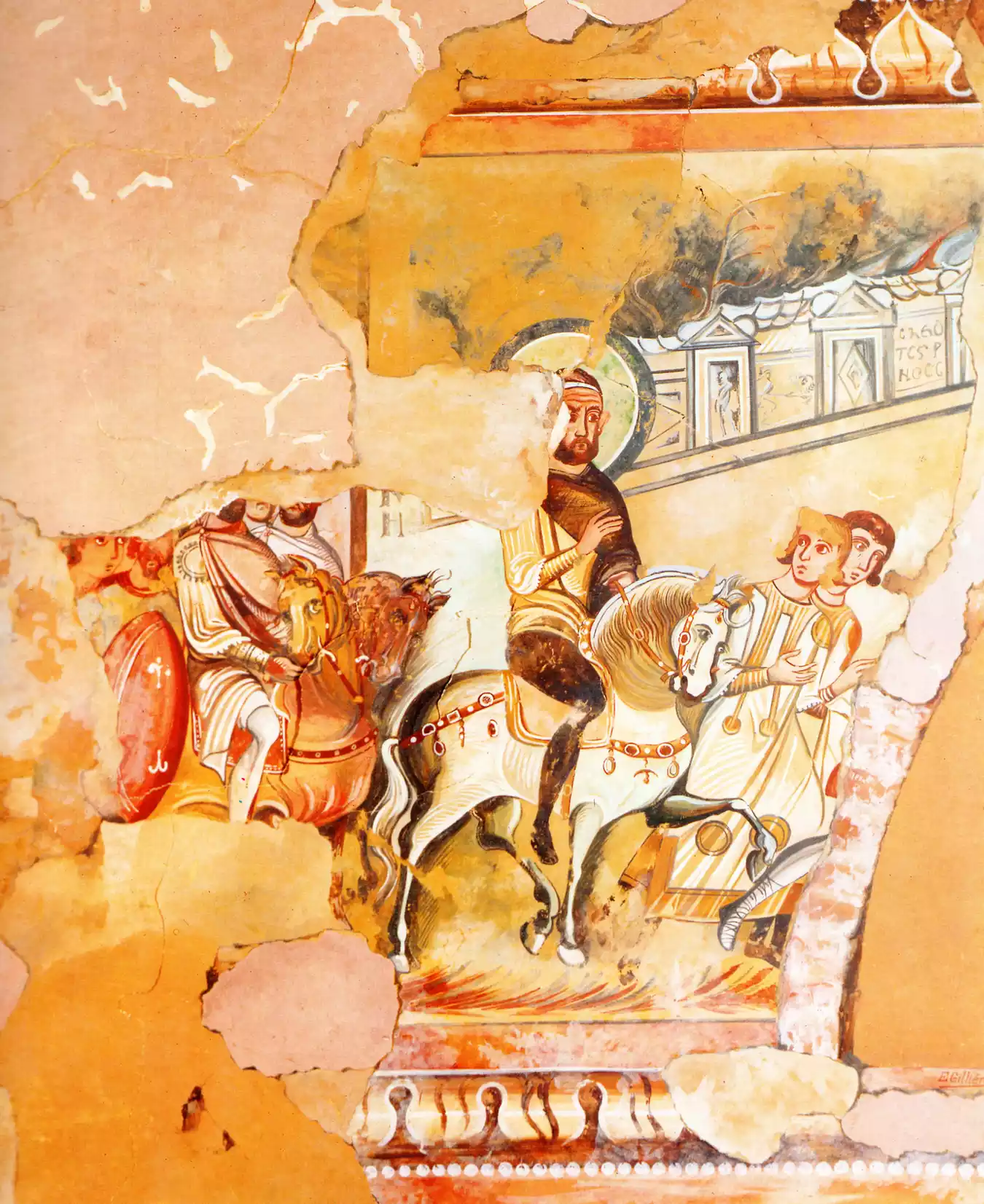 Fragmentarily Preserved Byzantine Wall Painting Of The 7Th Century With The Triumphant Entry Of Justinian Ii