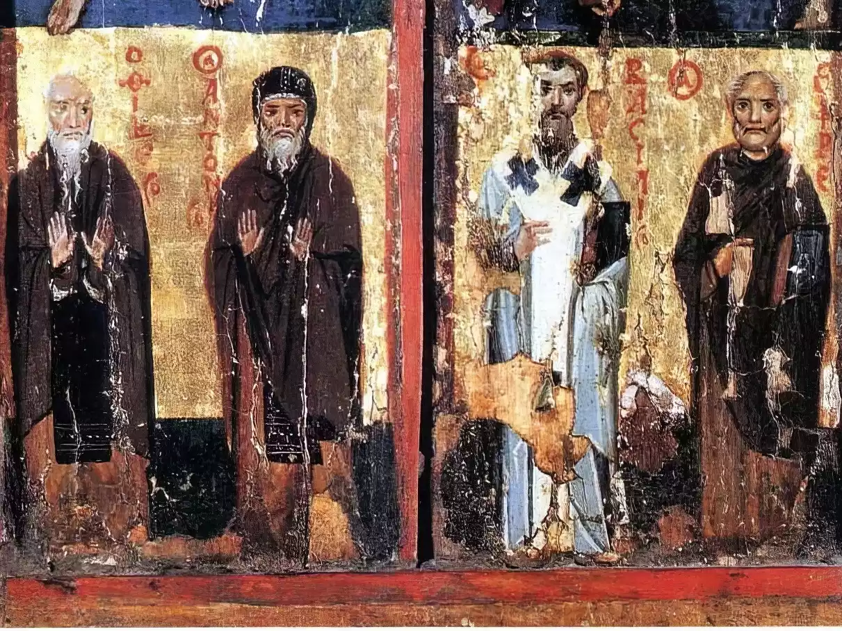 Die Heiligen Paulus Der Thebaner, Antonius, Basilius Und Ephraim Der Syrer In Der Unteren Zone Des Sinai-Triptychons (10. Jahrhundert).